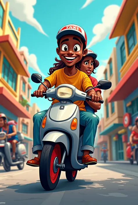 a black man working as a motorcycle taxi on top of a gray Honda Fan 160 with red wheels carrying a passenger, make this image more cartoonish 