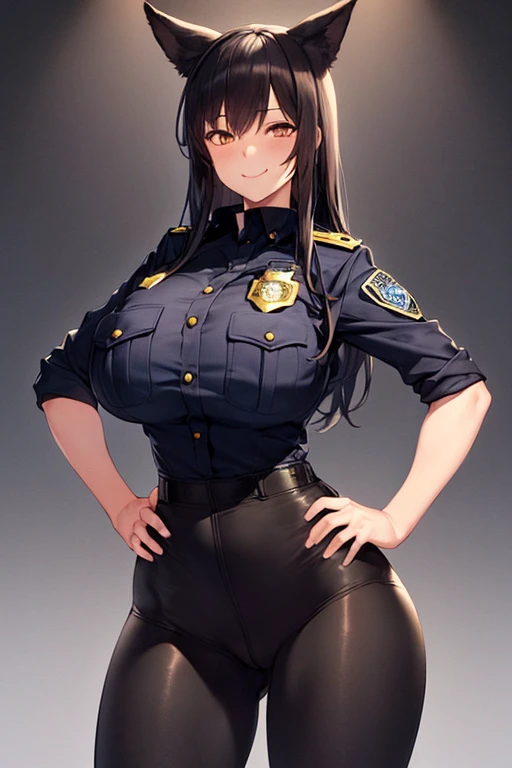 ((1girl)), perfect face, , black hair, long hair, brown eyes, fox ears, ((dark background)), ((facing forward)), cowboy shot, lustful smile, in the center, ((giant breasts)), ((standing)), ((hands on hips)), ((perfect hands, correct number of fingers)), ((...