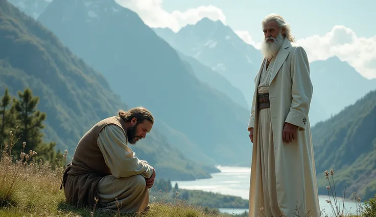 a white-bearded man in an elegant white suit like that of the Three Wise  mountain landscape with a river in the distance next to a crouching man in humble, worn clothes with a face of regret and sadness