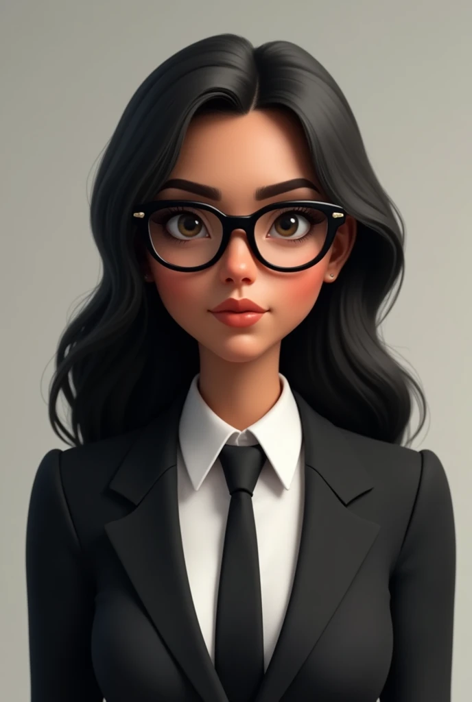 Passport photo of animated woman with dark complexion with long wavy hair in a black suit, black tie, white shirt and black glasses and black lenses 