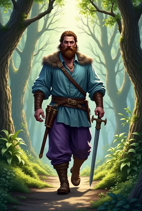 A man with a beard and brown hair wearing a light blue shirt and purple medieval trousers with a sword in his hand walking through a forest