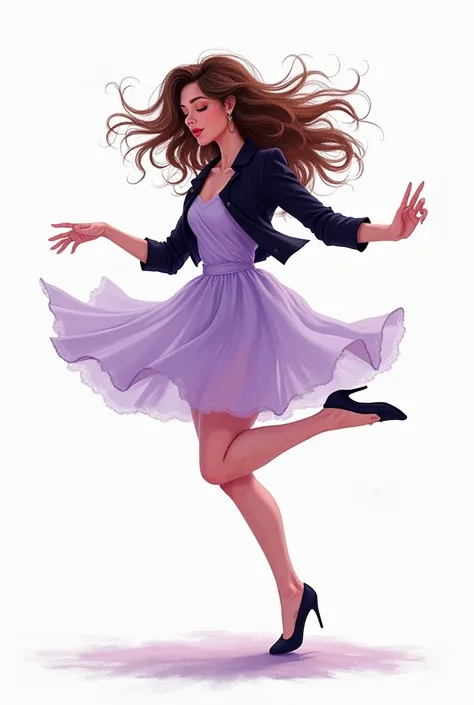 Drawing of a brunette girl dancing in lilac pink and black clothes
