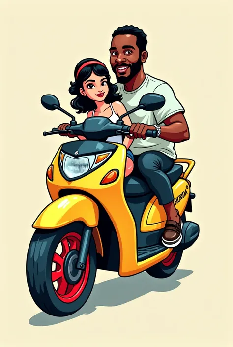 a black man working as a motorcycle taxi on top of a gray Honda Fan 160 with red wheels carrying a passenger, make this image in a more cartoonish style and without a background because I want it for a cake topper