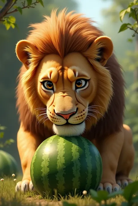 Lion looking at the watermelon with curiosity and excitement.