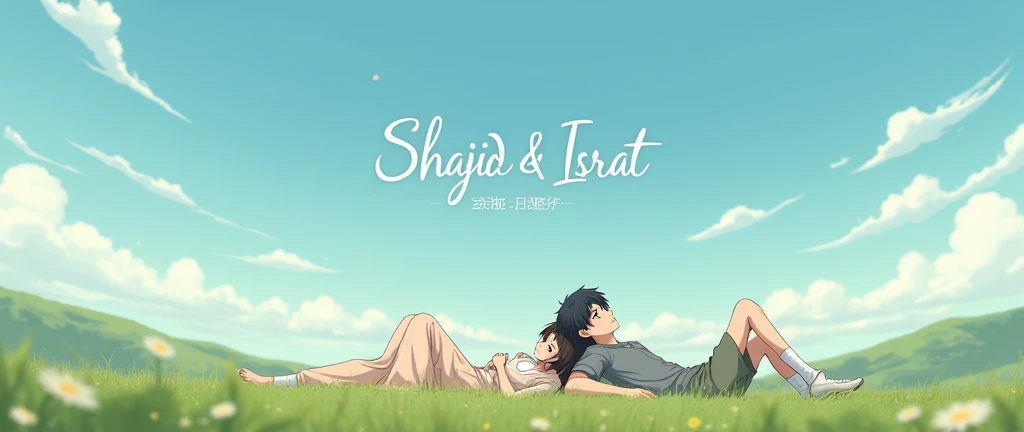 Anime Couple Leaning On Each other in an open field Watching the sky where clouds 
Write the word Shajid & Israt 