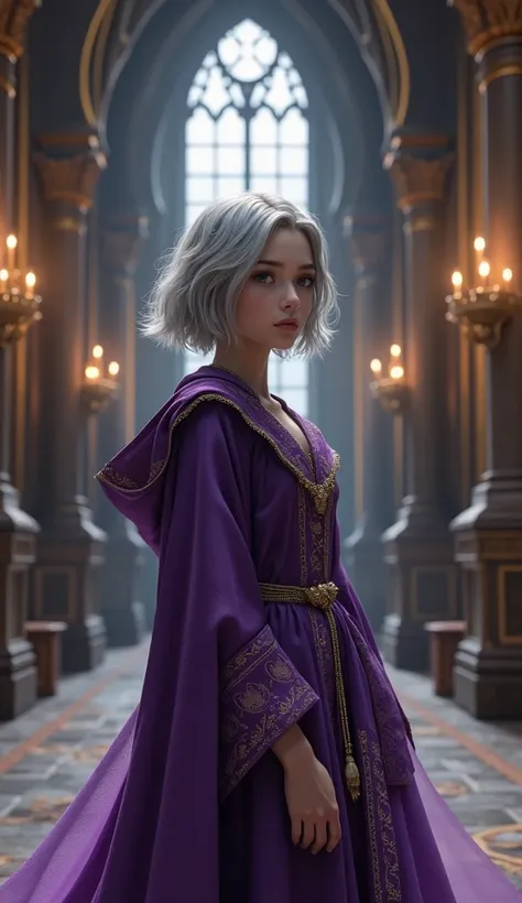 realistic, best quality, masterpiece, detailed, perfect face, fantasy, medieval, girl, young, adolescent, teenager, fair skin, silver hair, short hair, medieval hairstyle for short hair, brown eyes, sorceress, sorceress robes, purple robes, long sleeved ro...