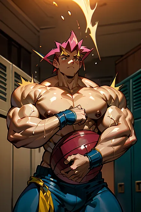 yugi moto from yugioh anime brainwashed as a big dumb football jock in a locker room staring blankly ahead with his mouth hangin...