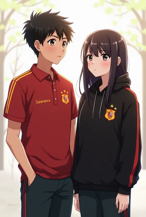 A boy and a girl with their uniform that says Salamanca and their polo shirt is red and their sweatshirt is black with a red line next to each pair of pants and that on the polo shirt says Salamanca