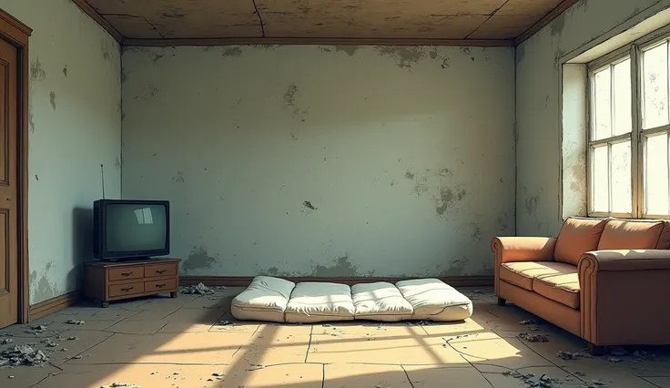 A house without plaster, with a mattress on the floor and a TV, and dirty and grimy sofa, cartoon