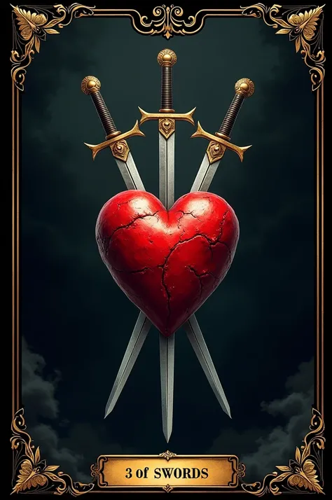 tarot card, 3 of swords, a heart with 3 swords embedded in it, 8k realistic image, black card with gold writing 3 of swords