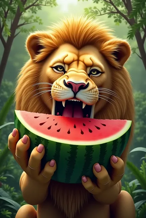 Lion eating the watermelon and looking confused as laughter comes from inside.