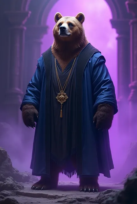 Create an image of a bear with human characteristics, Standing on its hind legs, Wearing a blue and black robe, the bear should have a wise and controlled expression and be surrounded by an aura of purple light., suggesting power and mystery. The stage is ...