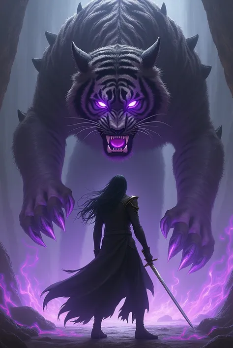 Man with long black hair and suit, using a rapier, standing in front of a menacing giant beast creature shaped like a demonic tiger, with armor and flames on top of it in violet color, and purple flames surrounding it, Dark Souls style