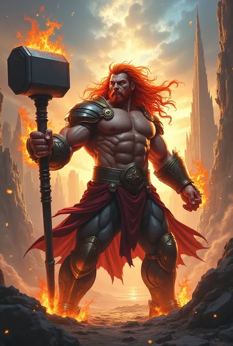 Red-haired Asgardian with big muscles in attack stance with a fire hammer 