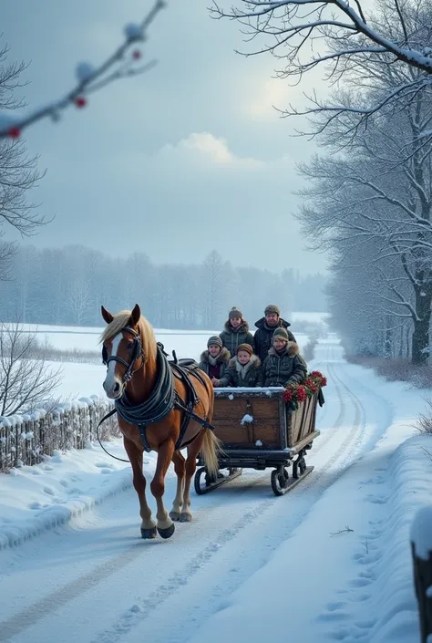 Winter Ride, Snow is gently falling Horses walk the lane Hear the sleigh bells calling Join the winter train in the Christmas season