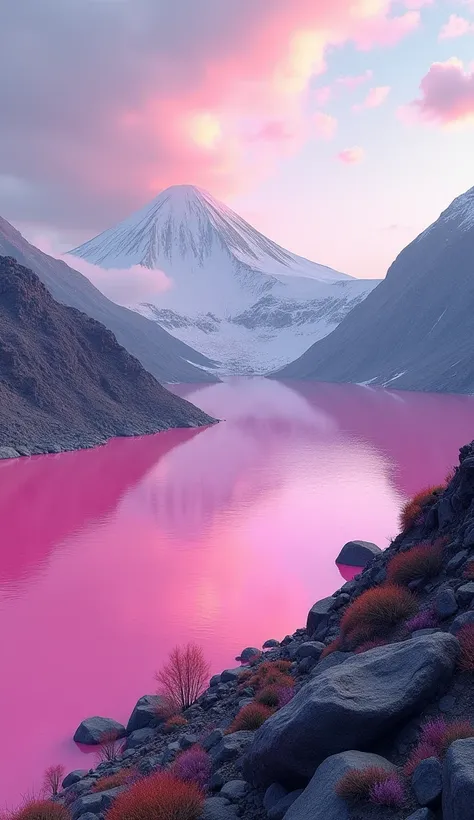 Pink Lake , And there are volcanoes next to the lake.