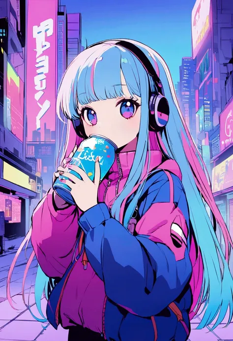 , (true beautiful:1.2),long hair,,10yo,,(tiny 1girl model:1.2),Pink and blue hair girl, soda, Inspired by 90s anime, Cyberpunk City, praise, colorful, listen to music, Pink Hair, Blue Hair、Drinking alcohol