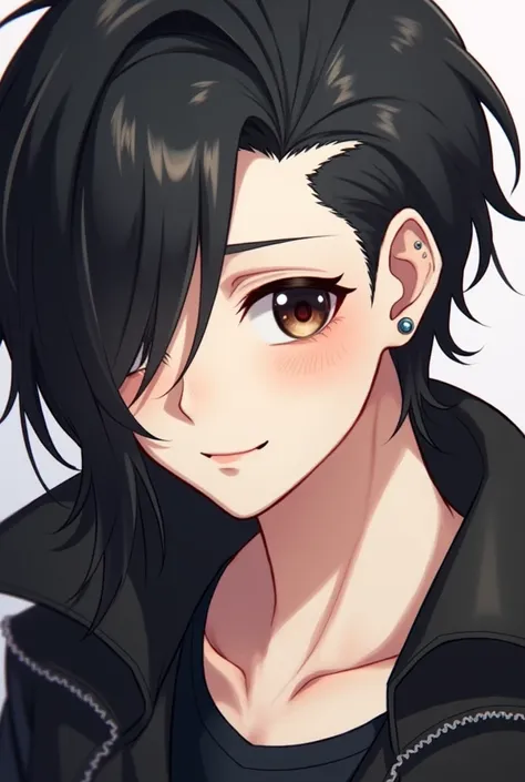 emo boy with long black hair, ((half of his head shaved)), dark brown eyes, barely evident dark circles, visible mascara on his eyes, piercing on his ears, smiling expression, cute 2D art