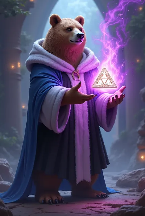 Create an image of a bear with human characteristics, Standing on its hind legs, Wearing a blue, black and white robe, the bear should have a wise and controlled expression and be surrounded by an aura of purple light., suggesting power and mystery. In his...