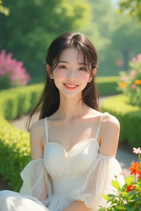 Now a girl with Korean skin in a white dress smiling and a green garden in the background
