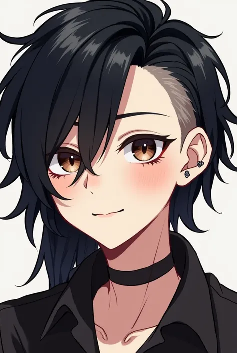 emo boy with long black hair, ((half of his head shaved)), dark brown eyes, barely evident dark circles, visible mascara on his eyes, piercing on his ears, smiling expression, cute 2D art