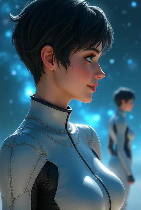 A human woman in her 20s, excellent physique, wearing a galactic patrol uniform in the colors of silver and sky blue, green eyes, black hair in a pixie cut hairstyle, Looking happy at seeing her man in the distance 