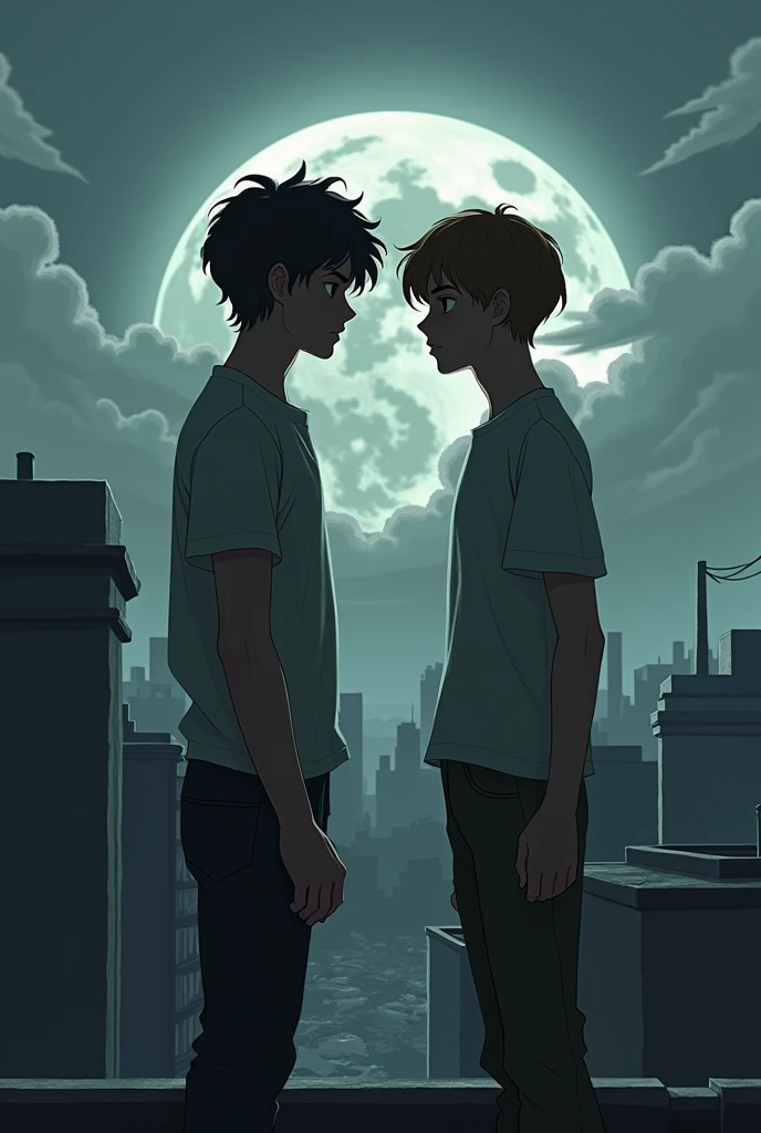 Tall white boy with wavy black hair standing on a rooftop next to a tall white boy with straight brown hair on a dark and lonely day admiring a good place a destroyed planet in parentheses that the two characters are face to face semi-realistic style but b...