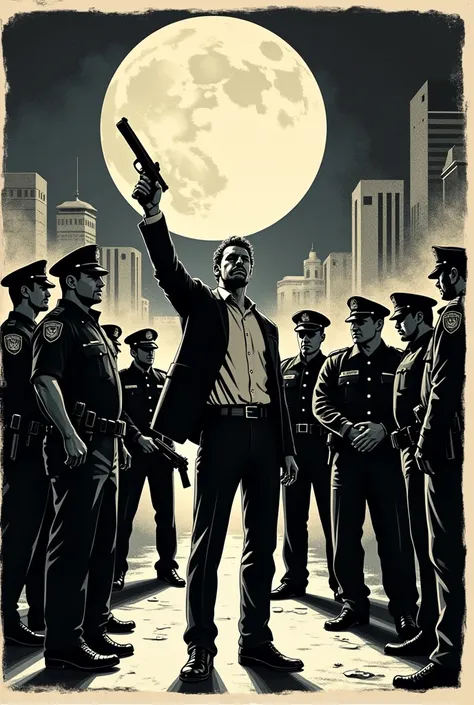 Woodcut of a man pointing a gun at another, with several police officers surrounding him and a full moon