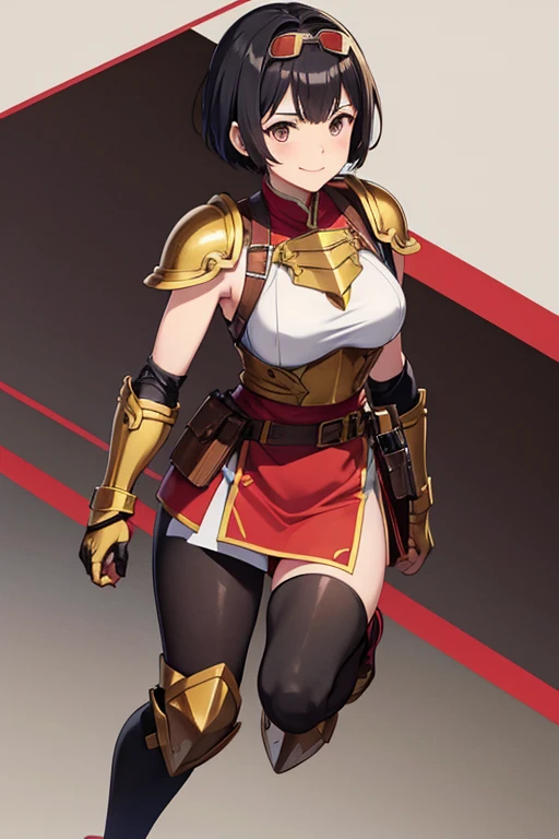 Anime Art、Full body portrait、Characters of the early modern period、Background blank、A female pilot, standing upright, about 160cm tall, about 3, wearing a red sleeveless shirt, red shorts and breastplate、She is wearing black tights that cover her lower bod...