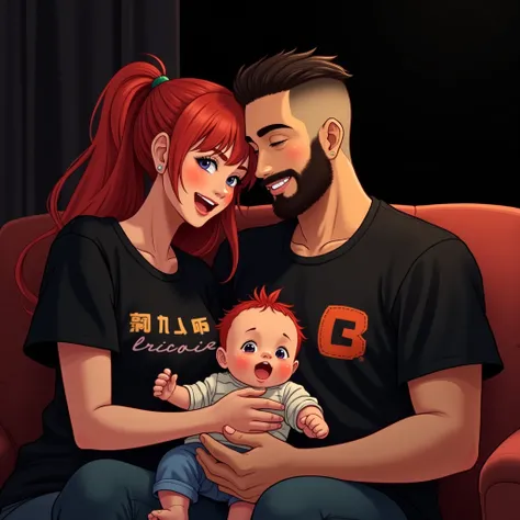 Adult redhead woman, Red hair, fringe, smiling, Black Shirt 

Homem adulto, hair shaved on the side and combed to the side on top, big beard, Black Shirt, strong and chubby A little baby, anime shirt, red hair Man and woman holding baby girl on their lap D...