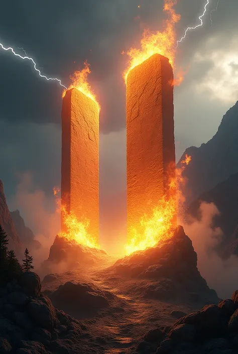  the 2 tablets of the ten commandments in the form of fire on a mountain
