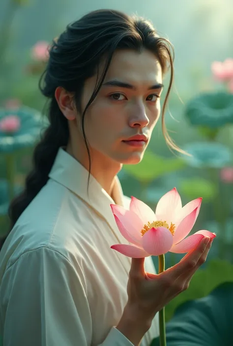 A beautiful man with a lotus flower in the hand