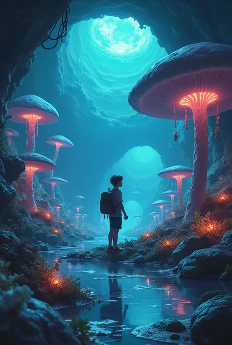 Description: Chris lands softly on a bed of giant mushrooms. He looks around in amazement as he observes an underground world filled with luminous creatures., crystal clear lakes, and strange plants that glow in the dark.

