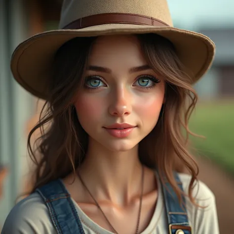 1:1 image, 1080p quality, super realistic, woman, age 35, beautiful, blue eyes, brown hair with farmer hat, wearing farmer overalls