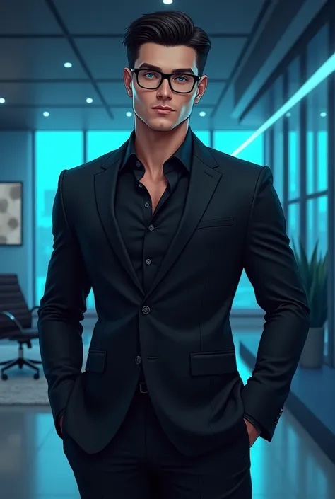 Realistic drawing of an extremely handsome man,high, athletic, and attractive black hair, and blue eyes, Small ears, dressed in a black suit and a black shirt with the first 3 buttons undone, with small rectangular glasses with black frames, with his hands...