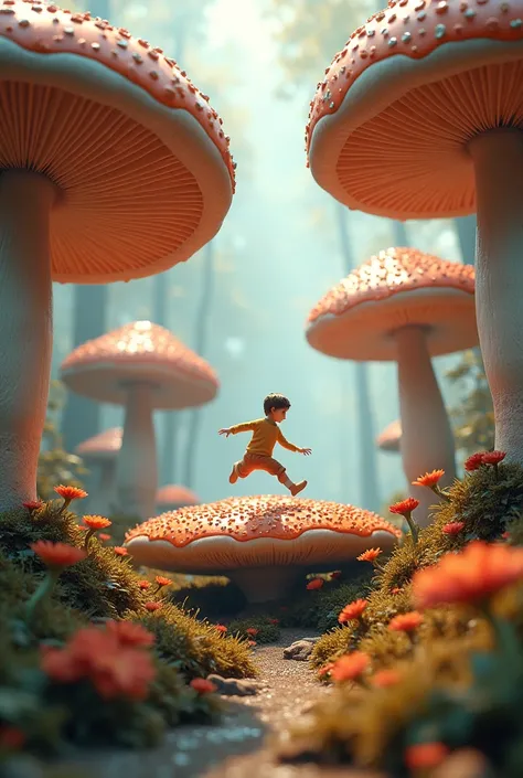 Description: Chris lands softly on a bed of giant mushrooms. 

