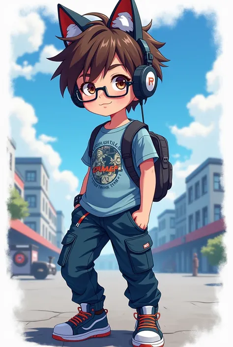 A high school teenager boy with glasses wearing cat ear headphones with full body anime style gamer clothes