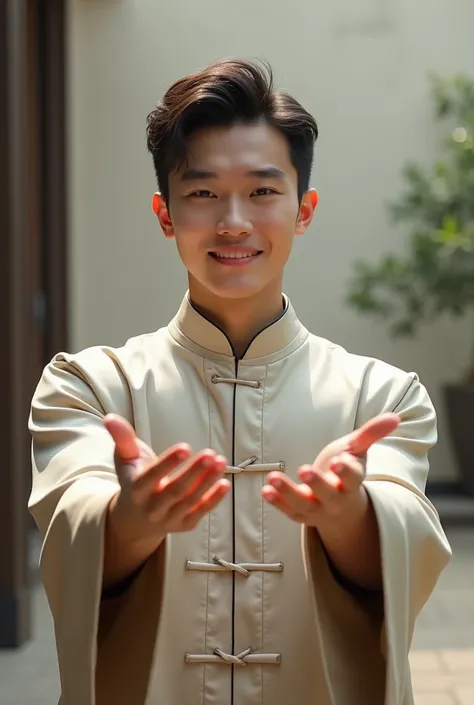 A handsome young Chinese man extends both hands.