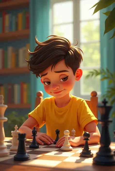 Drawing of a boy in yellow clothes playing chess