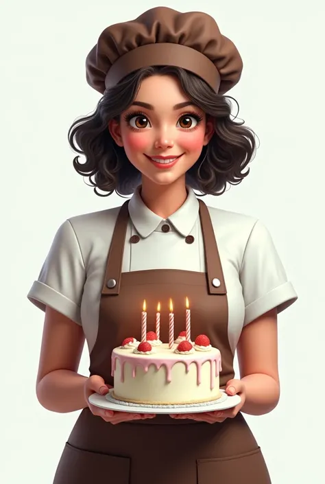 (A female chef), best quality, work of art, ultra high resolution, extremely detailed eyes and face,(white background),Short and medium curly hair, therefore,smile,（brown apron,Brown chef hat,brown chef costume),Holding a birthday cake in hand,


