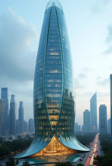 A corn-shaped glass-encased building in a modern city