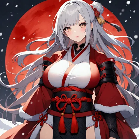 (Silver Hair, (Samurai Girl), Red Moon, Snow Background, Beautiful breasts