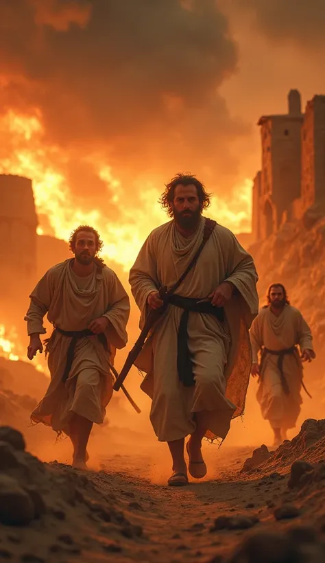 a dramatic biblical scene, a man and his family fleeing from a burning city, dramatic lighting, cinematic,intricate details, highly detailed, photorealistic, 8k, hyperrealistic, masterpiece, cinematic lighting, dramatic clouds, glowing embers, intense flam...