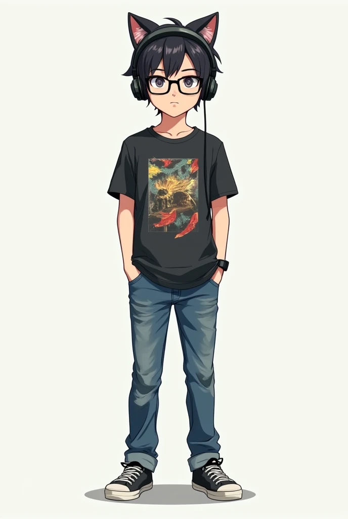 A high school teenager boy with glasses wearing cat ear headphones with gamer clothes full body standing, serious anime style