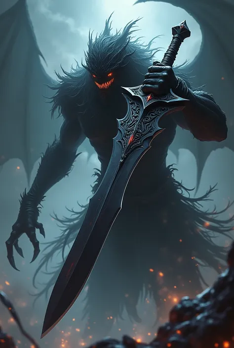 Create a dynamic and intense scene featuring Shadowpiercer, Zephyr’s sword. The sword should have a sleek, dark blade that emits swirling, shadowy tendrils of darkness, giving it an almost otherworldly appearance. The blade should appear as if its made fro...