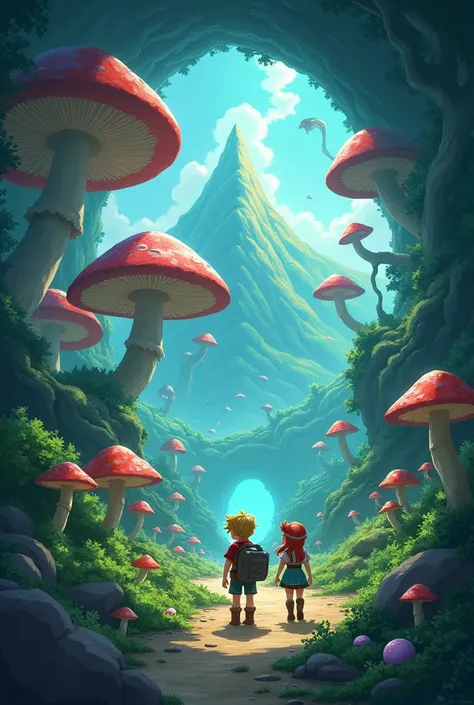 Description: Chris and Lumina begin their search for the Heart Stone. They walk through an underground forest full of giant mushrooms and curious creatures. In the background, You see a big mountain with a bright entrance.

