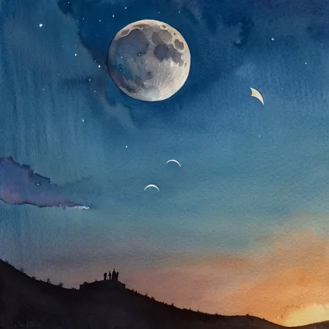 high quality,Watercolor,Crescent Moon,night,thin,Fantasy