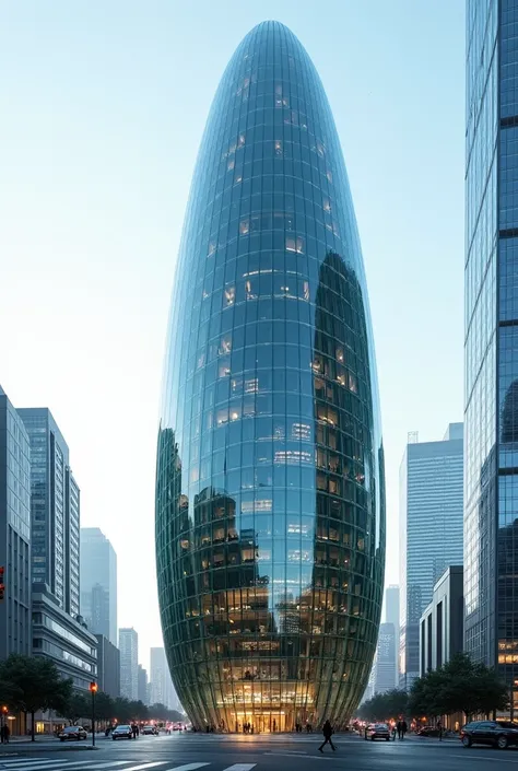 A corn-shaped glass-encased building in a modern city