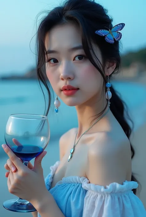 Beautiful korean woman, wearing a light white and blue dress, summer ocean blue light necklace and long earrings, realistic, close up picture, wine blue glass in her hand, beach evening time background, black wave loose hair with butterfly hair clips, fron...