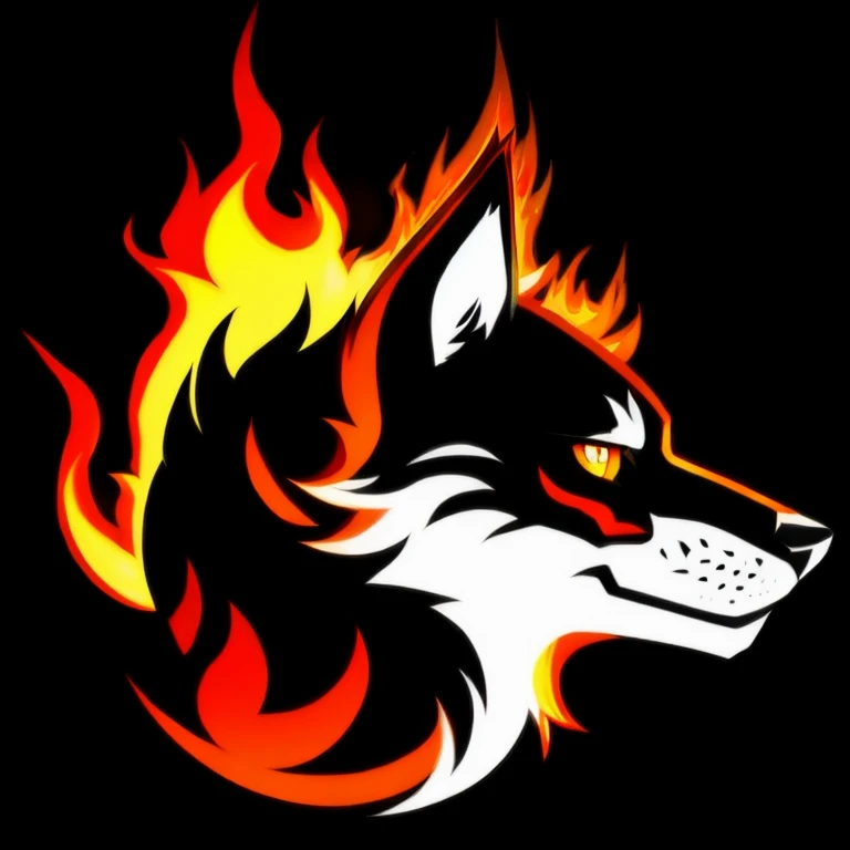 Flaming wolf logo, line art made of fire, black background